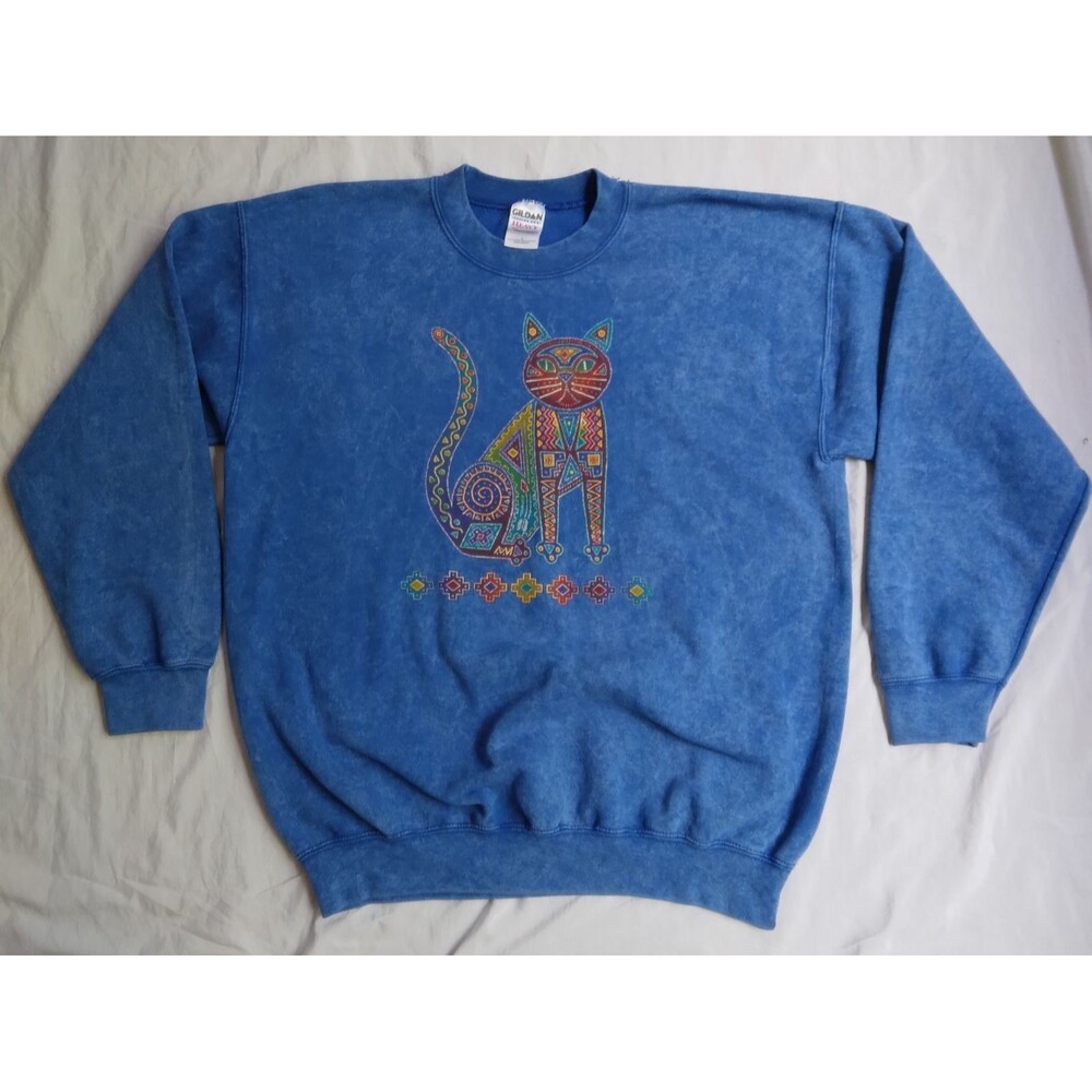 Sweatshirt 90s Aztec Art Cat Southwest Funky Blue Crewneck Pullover Large